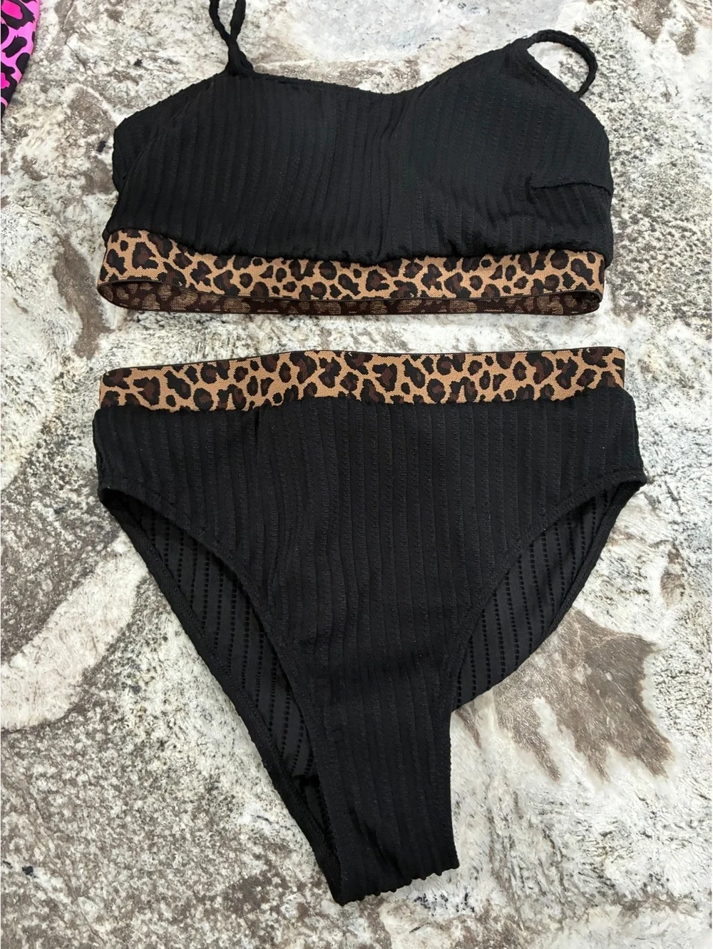 Fiut Two-Piece Black Ribbed Bikini with Leopard Print Trim Size M